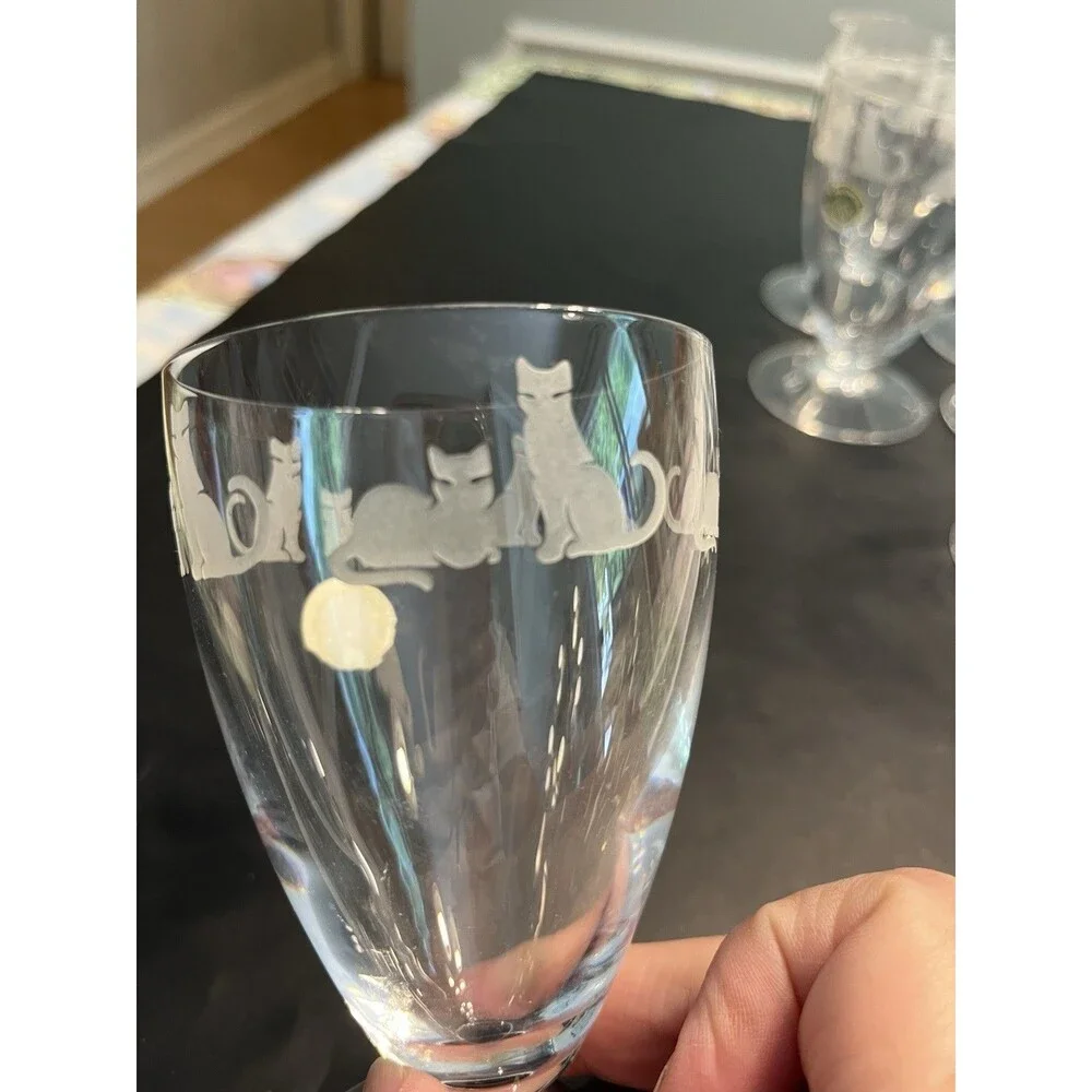 6pc Lenox Crystal Clear Etched Frosted Kitten Cat Dessert Water Footed Glasses